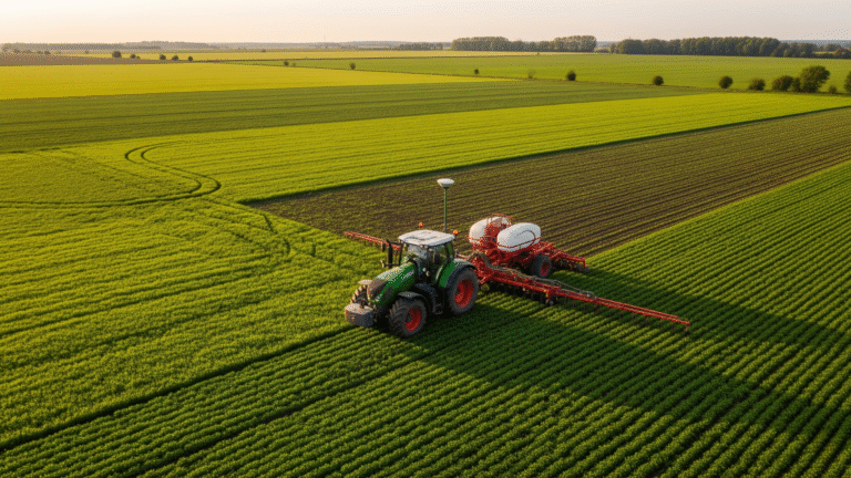 Trator moderno aplicando agricultura de precisão em lavoura, com antenas GPS e tecnologia otimizando o plantio para produtores rurais.