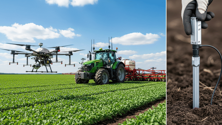 Drone agrícola sobrevoando lavoura, com trator equipado com GPS e sensores de solo. Ferramentas essenciais da agricultura de precisão para produtores modernos.