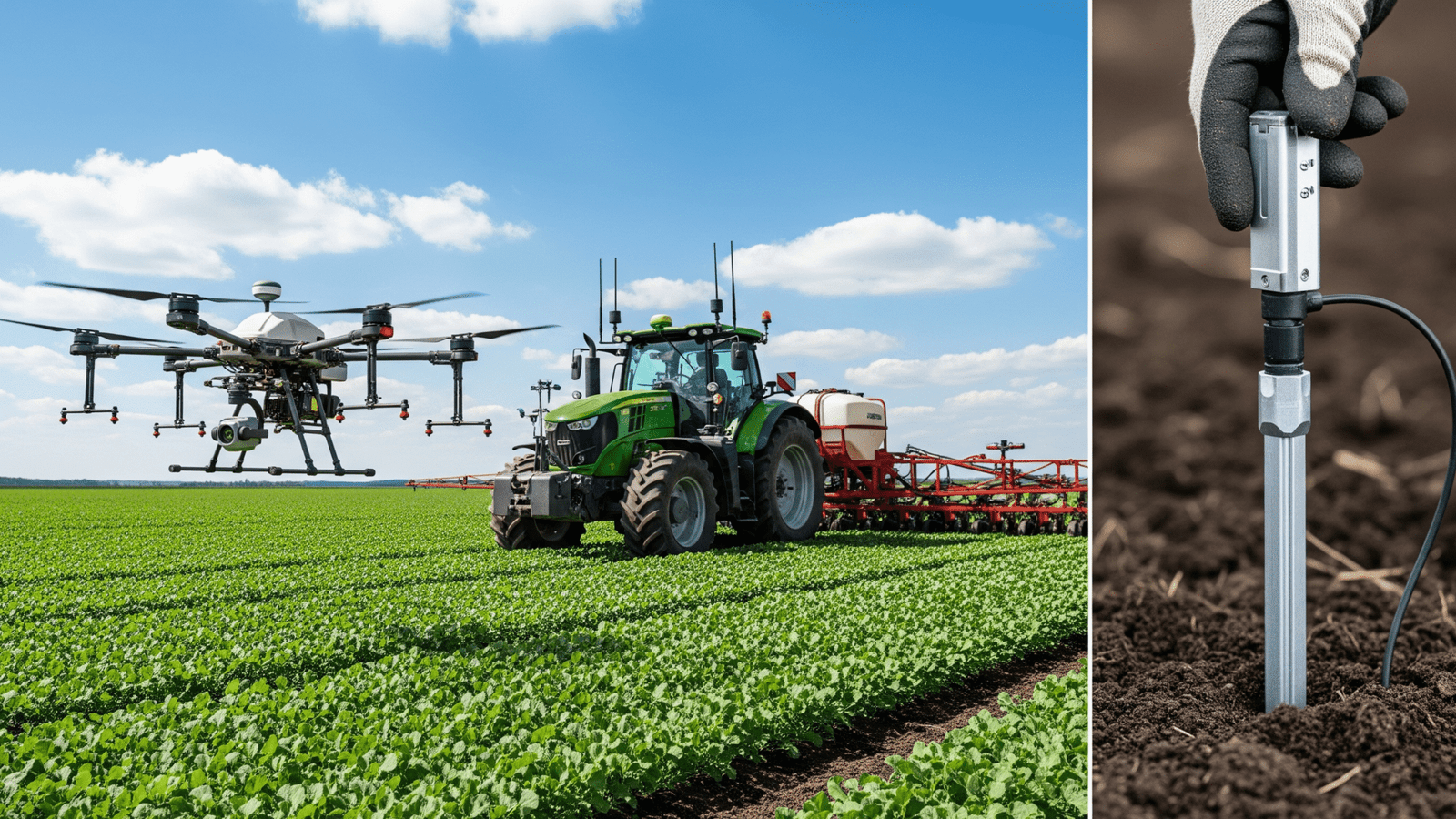 Drone agrícola sobrevoando lavoura, com trator equipado com GPS e sensores de solo. Ferramentas essenciais da agricultura de precisão para produtores modernos.